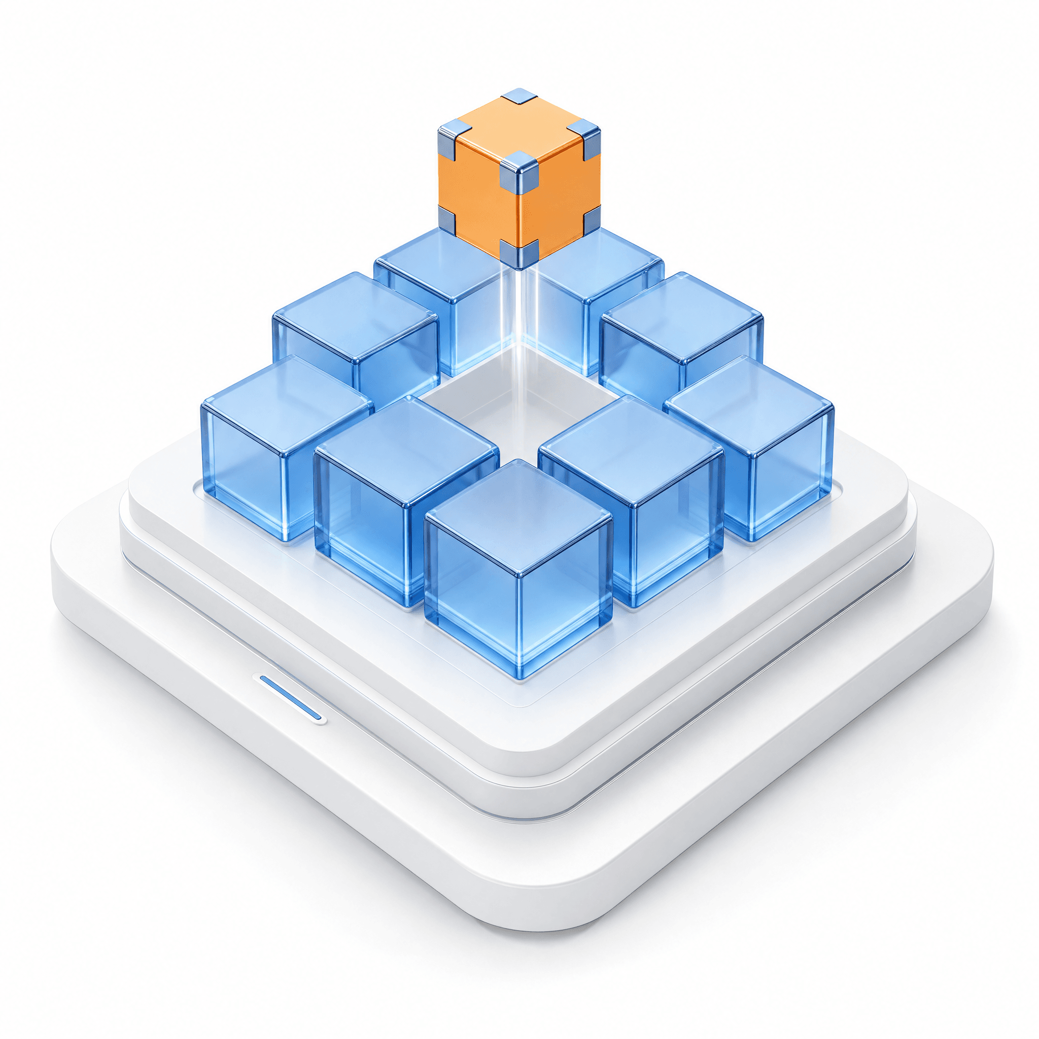 Isometrische Szene: ein leuchtender Navy-KI-Agent bedient ein vorhandenes Software-Terminal; eine kupferne Figur prüft daneben die Architektur.